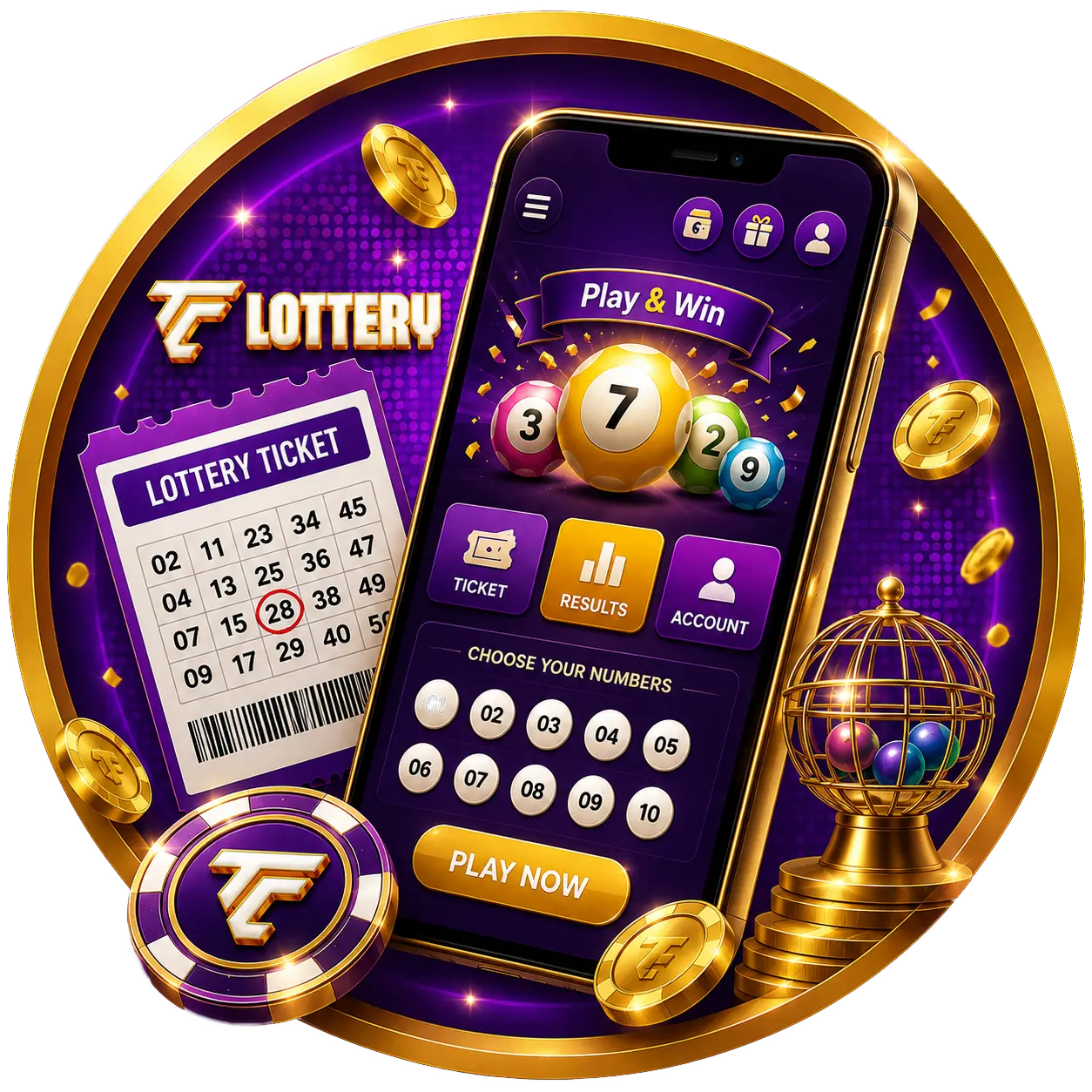 Illustration of a mobile lottery game with number selection and lottery elements
