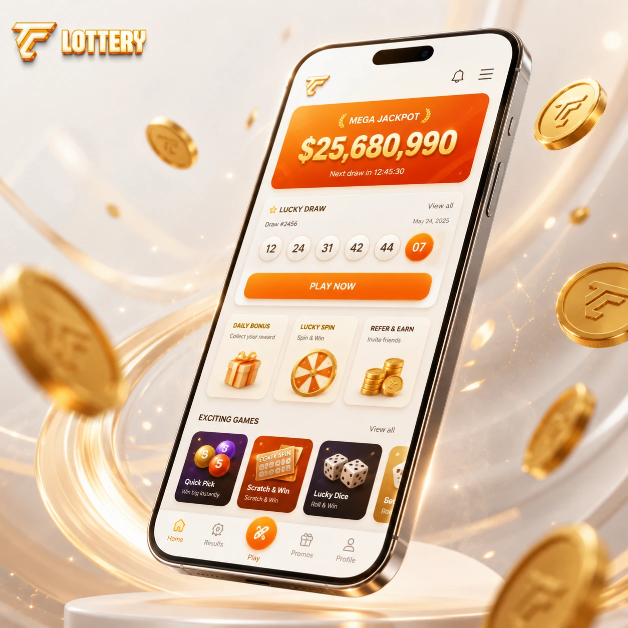 Illustration of TC Lottery mobile gaming, account and platform features